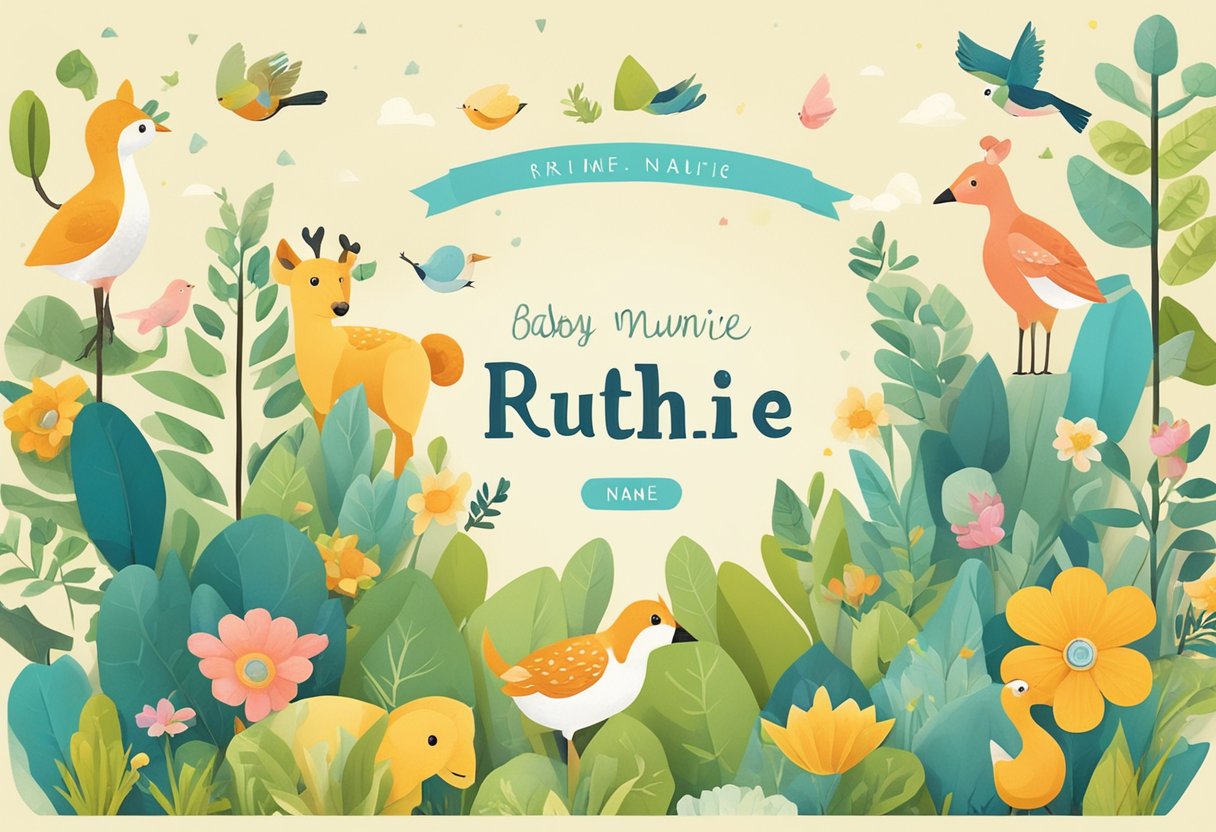 A baby name "Ruthie" displayed on a colorful banner with playful fonts and surrounded by cheerful, whimsical illustrations of animals and nature