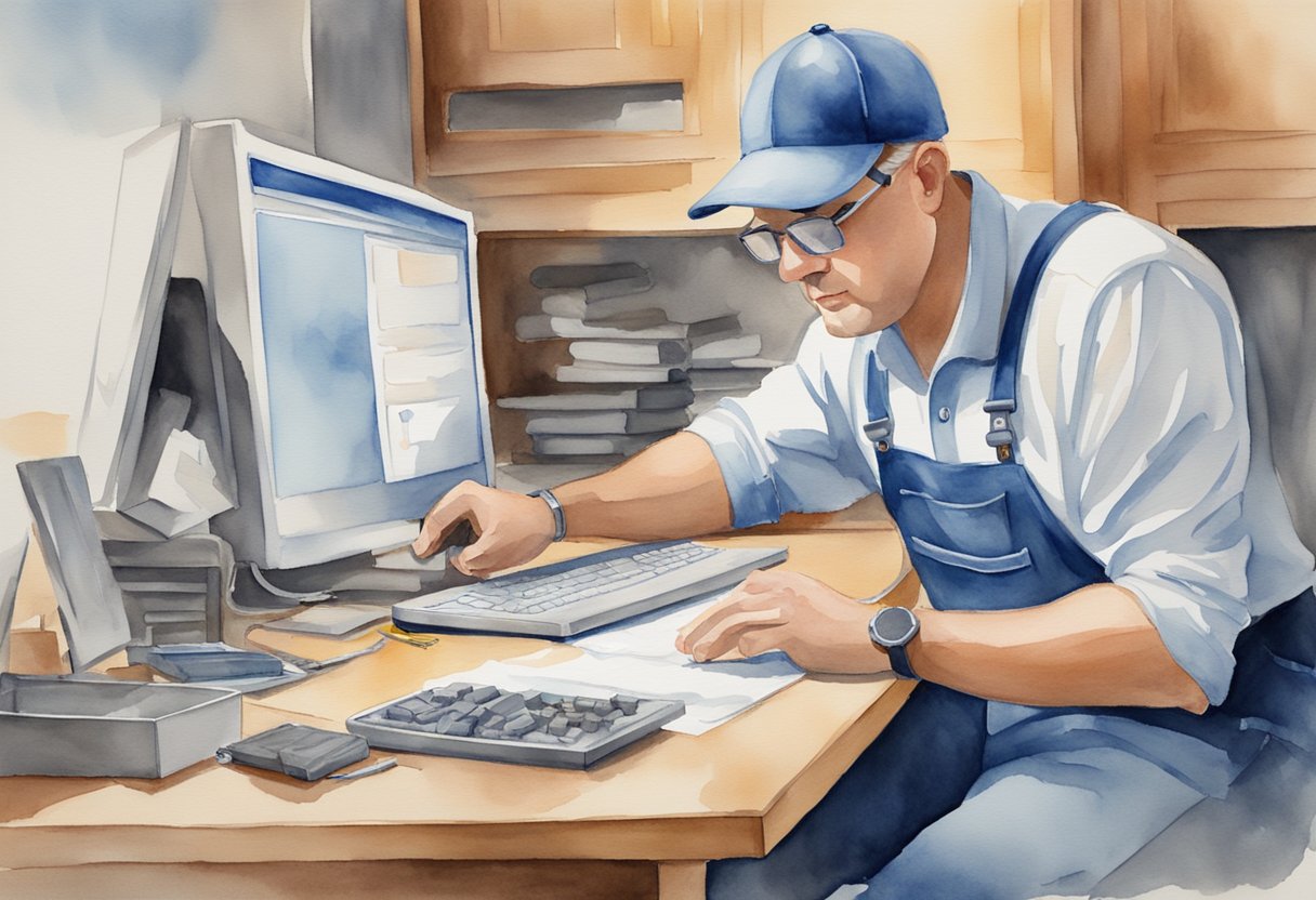 A plumber reviewing exclusive leads on a computer, organizing and converting them using best practices