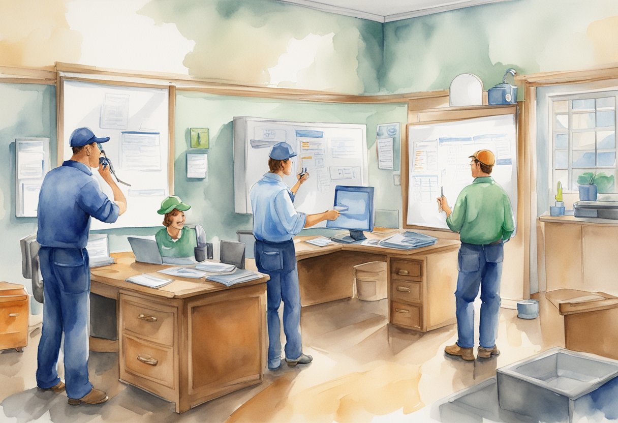 Exclusive plumbing leads: a plumber receiving a call from a potential customer, while other leads are organized on a desk. Best practices listed on a whiteboard in the background