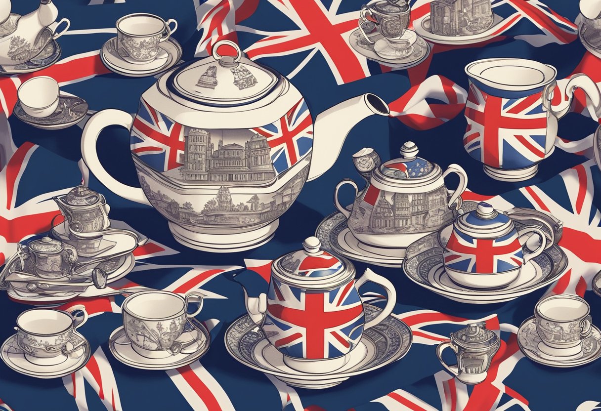 A traditional English tea set with the name "Rupert" engraved on the teapot, surrounded by iconic British symbols such as the Union Jack flag and a red telephone booth