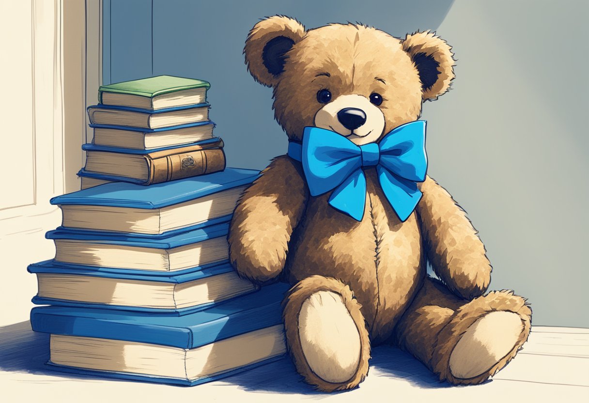 A smiling teddy bear wearing a blue bow tie sits on a shelf next to a stack of baby name books with "Rupert" highlighted