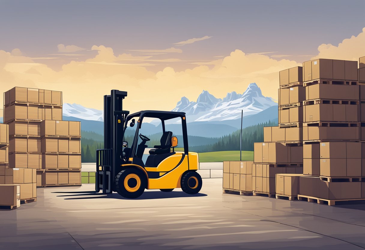 A forklift lifting pallets in a warehouse, with Wyoming scenery in the background