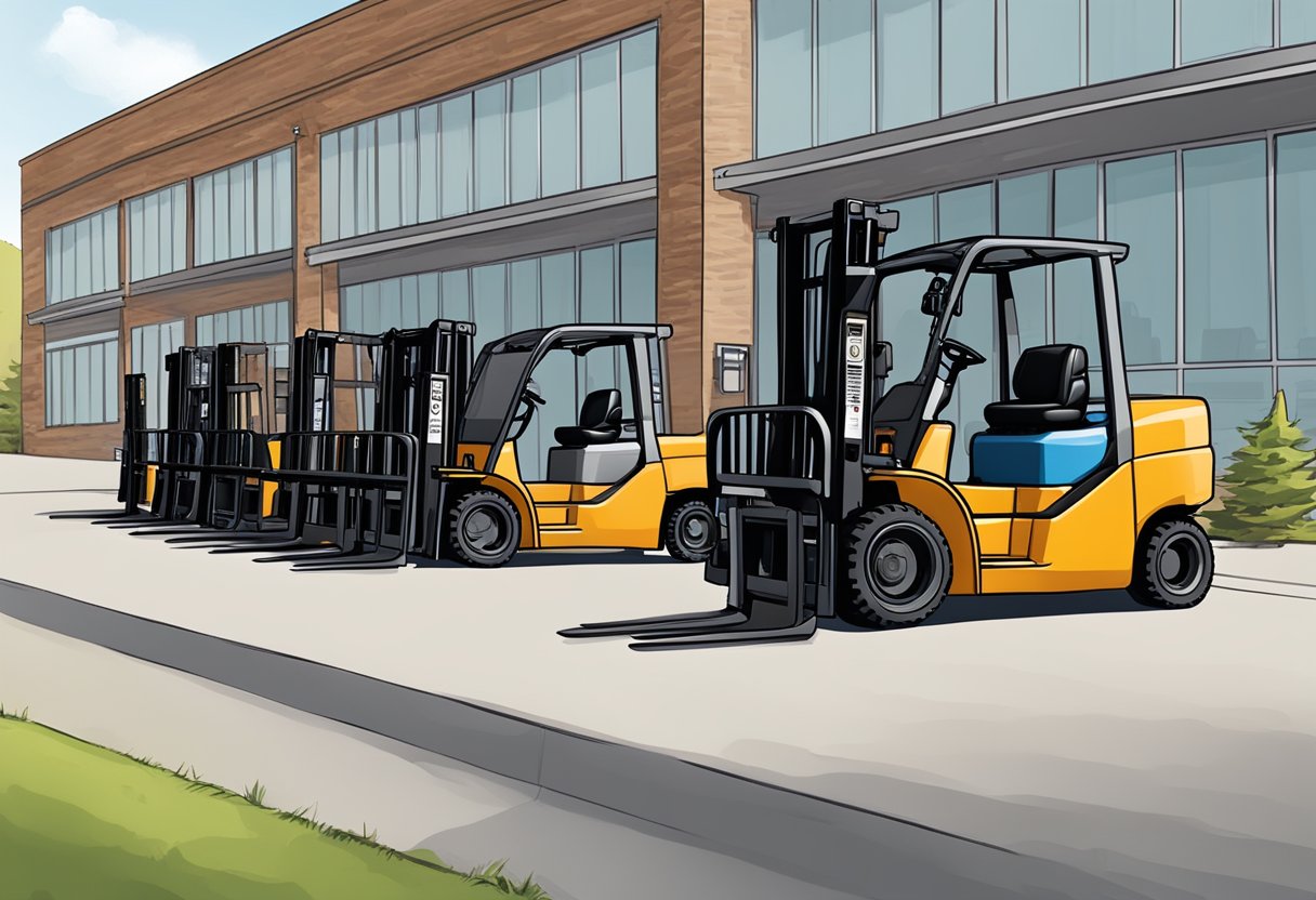 A forklift parked outside a rental facility in Wyoming, with various forklift models displayed and a sign indicating "Wyoming Forklift Rental."