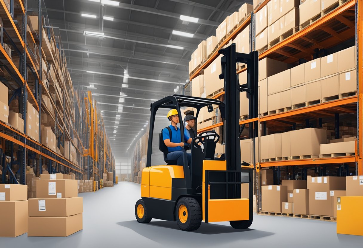 A forklift being rented at a Wyoming supplier's location, with paperwork and rental process being completed by a customer and supplier representative