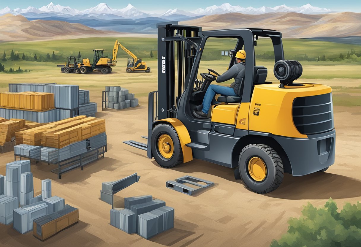 A forklift surrounded by various equipment and service options, with the Wyoming landscape in the background