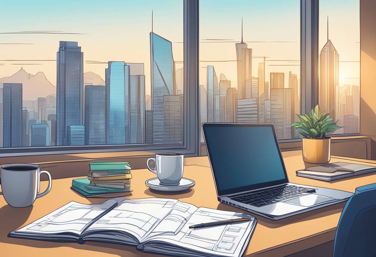 A desk with a laptop, financial books, and charts. A mug of coffee sits next to a notepad with investment notes. A window shows a city skyline