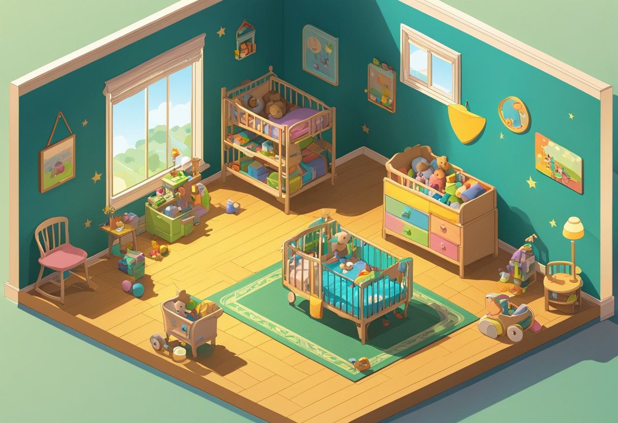 A small, colorful room with a crib labeled "Sawyer" and toys scattered on the floor