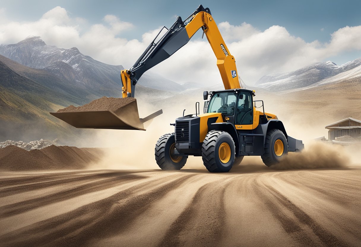 A telehandler lifts materials at a Wyoming construction site. Dust swirls as the machine moves, against a backdrop of rugged mountains and wide open sky