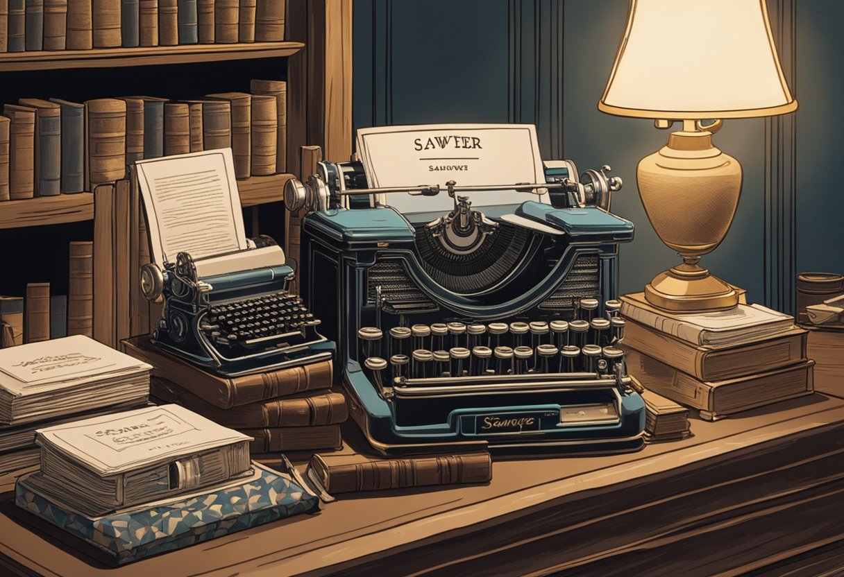 A stack of classic novels sits on a wooden shelf, next to a vintage typewriter. A nameplate reads "Sawyer" in elegant script