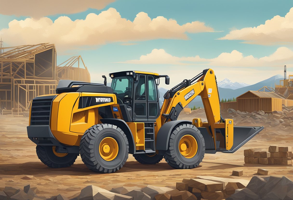 A telehandler parked in a spacious outdoor yard, surrounded by various construction equipment and materials. The Wyoming landscape is visible in the background