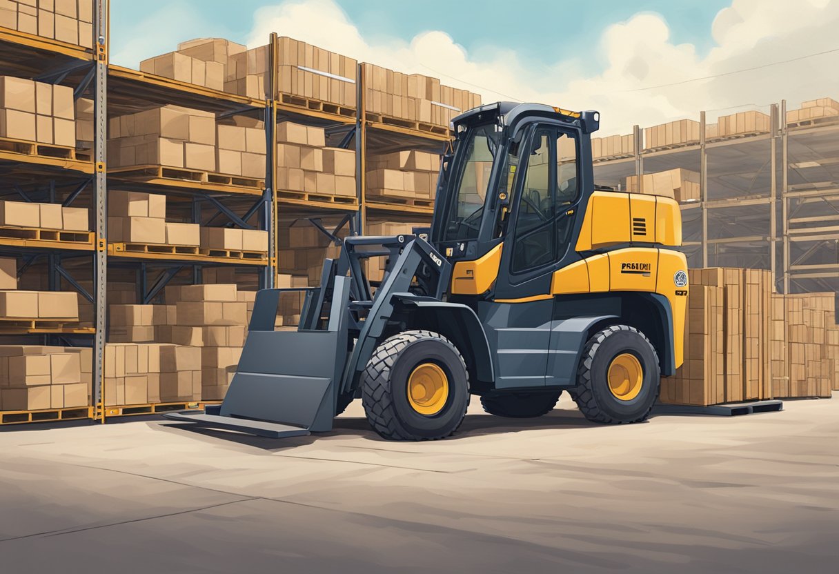 A telehandler lifts pallets onto a flatbed truck in a Wyoming warehouse yard