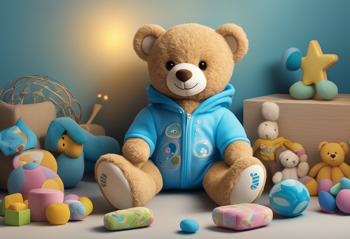 A teddy bear wearing a blue onesie with "Samuel" embroidered on it, surrounded by colorful baby toys