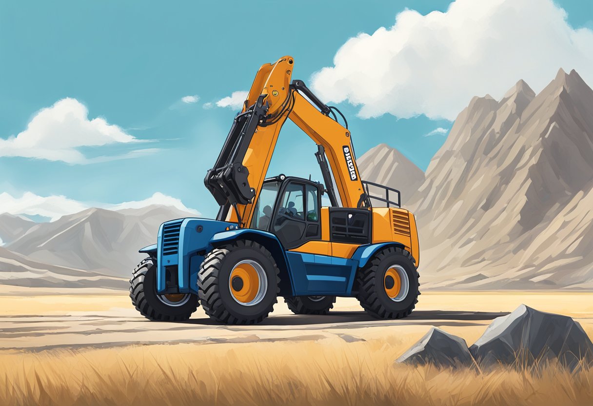 A telehandler parked in a wide open space, with a mountainous backdrop and clear blue skies. The machine is ready for use, with its boom extended and a forklift attachment at the end