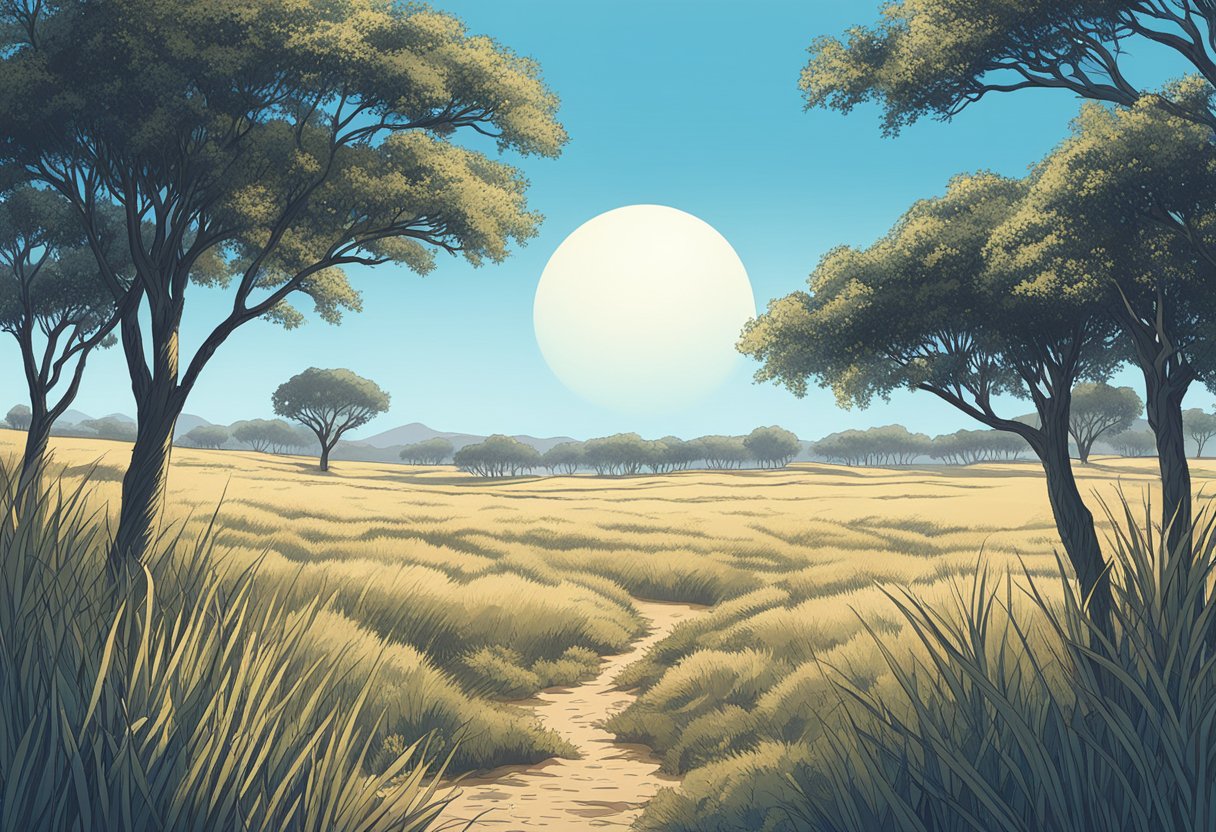 A serene savannah landscape with tall grass, scattered acacia trees, and a clear blue sky