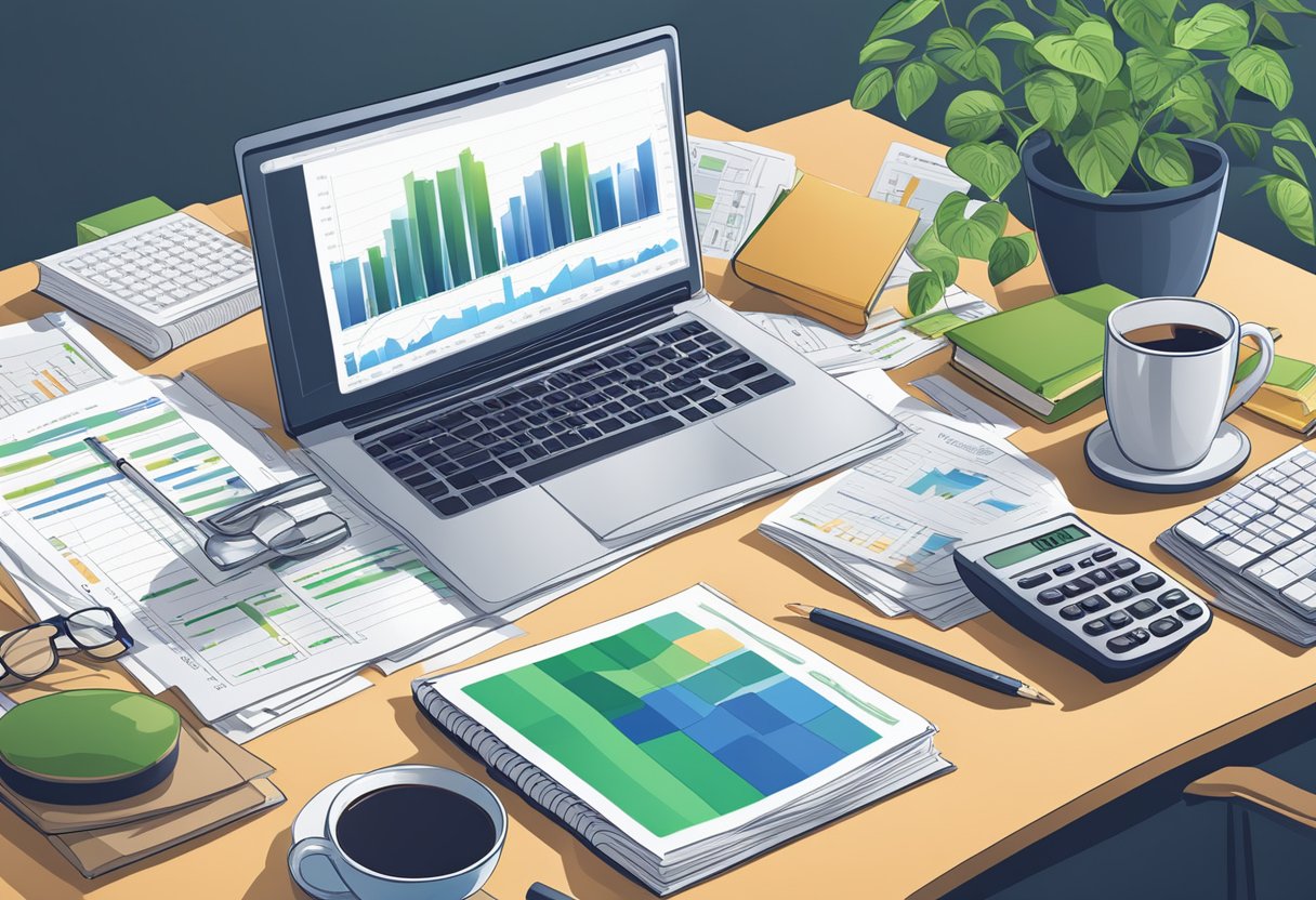 A stack of financial books surrounded by charts, graphs, and a laptop displaying stock market data. A plant sits on a desk next to a calculator and a cup of coffee
