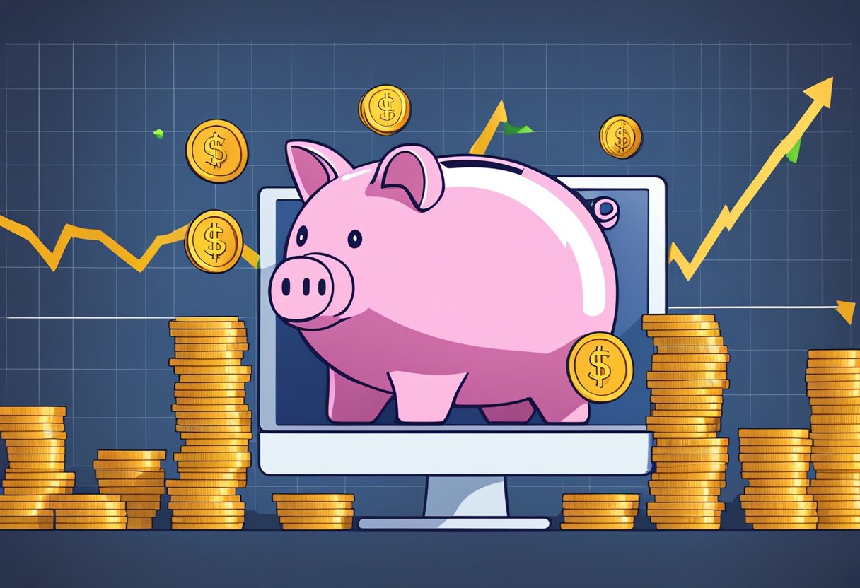 A stack of money grows larger as it is strategically invested. Graphs show upward trends. A computer screen displays stock market data. A piggy bank overflows with coins