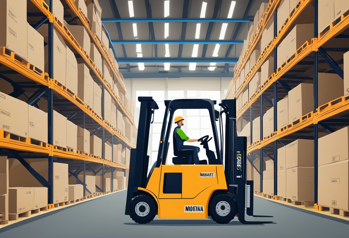 A forklift lifting crates in a warehouse with "Montana Forklift Rental" signage in the background