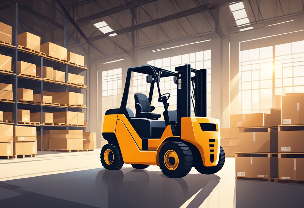 A forklift sits in a spacious warehouse, surrounded by shelves and pallets. The bright Montana sunlight streams in through the windows, casting long shadows across the concrete floor