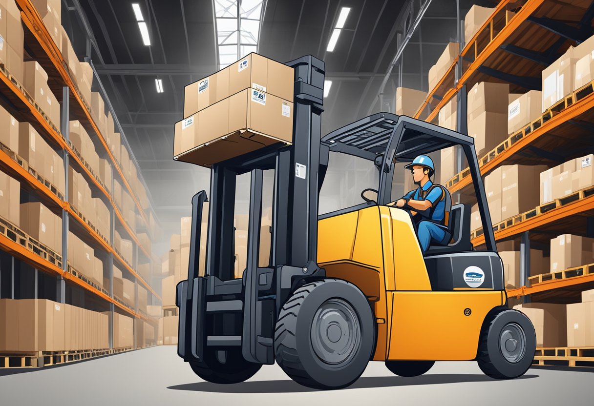 A forklift lifting and moving heavy loads in a warehouse, with cost-effective rental signage displayed prominently