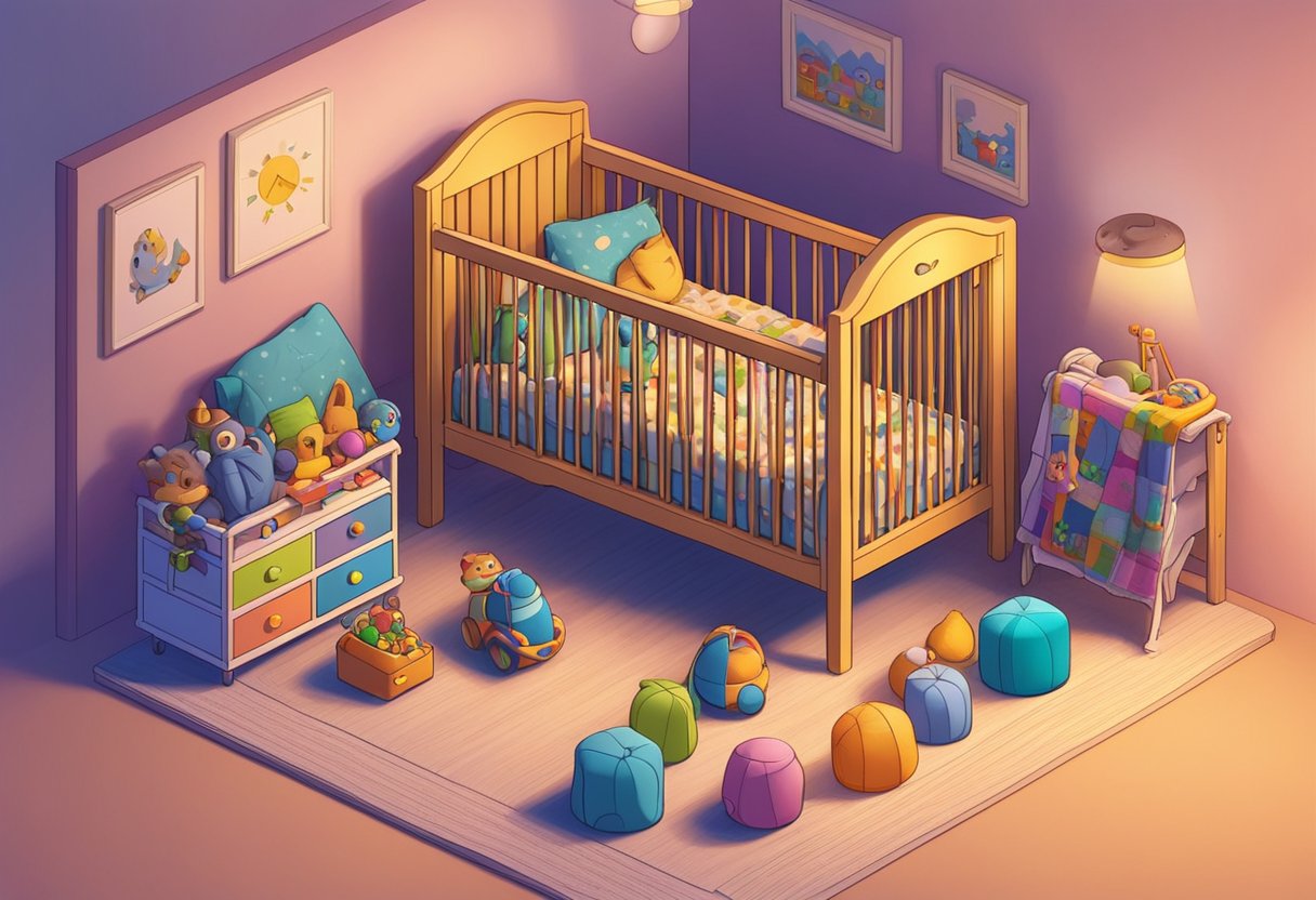 A small crib with the name "Samson" written in colorful letters, surrounded by toys and a cozy blanket