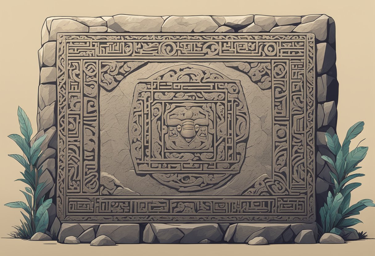 A stone tablet with the name "Samson" carved in ancient script, surrounded by symbols of strength and power