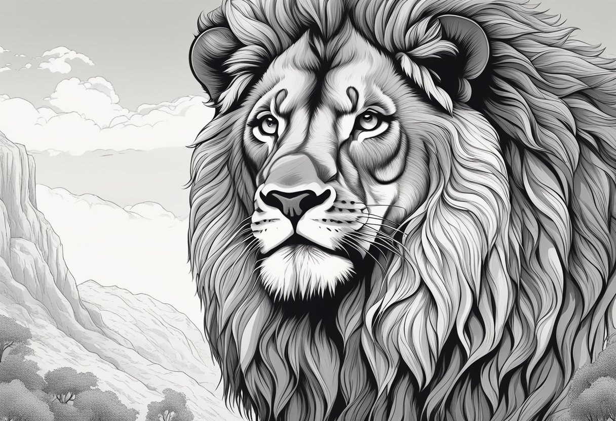 A lion with a majestic mane stands proudly, representing the strength and power associated with the name "Samson."