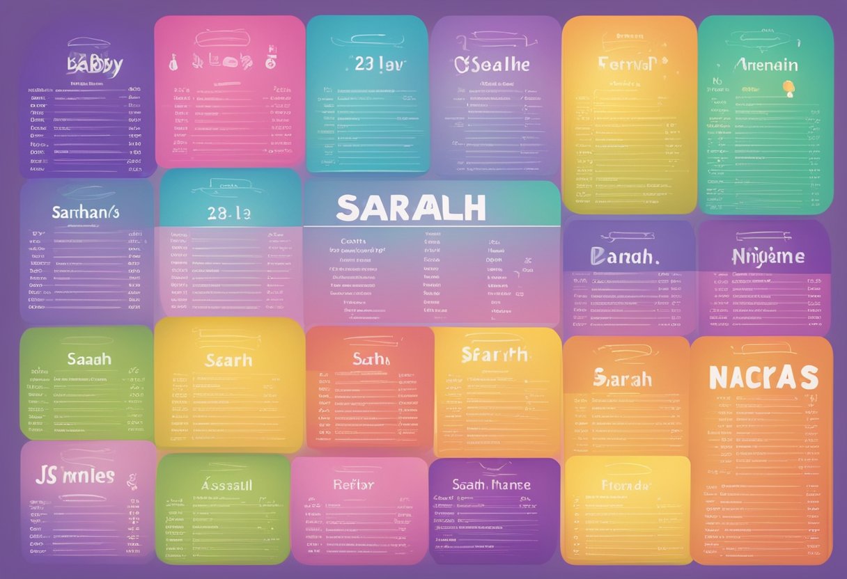 A list of baby names, including variations and nicknames for the name Sarah, displayed on a colorful chart