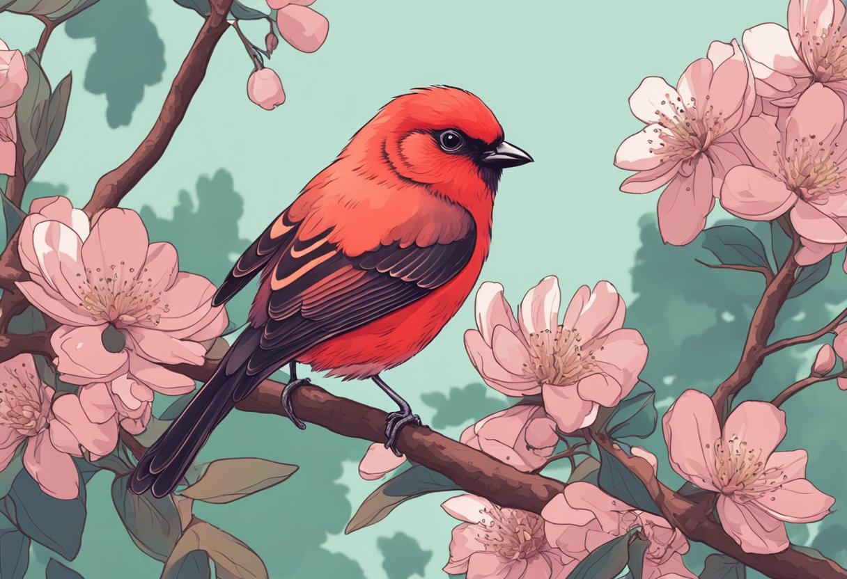 A small red bird named Scarlett perches on a blooming branch