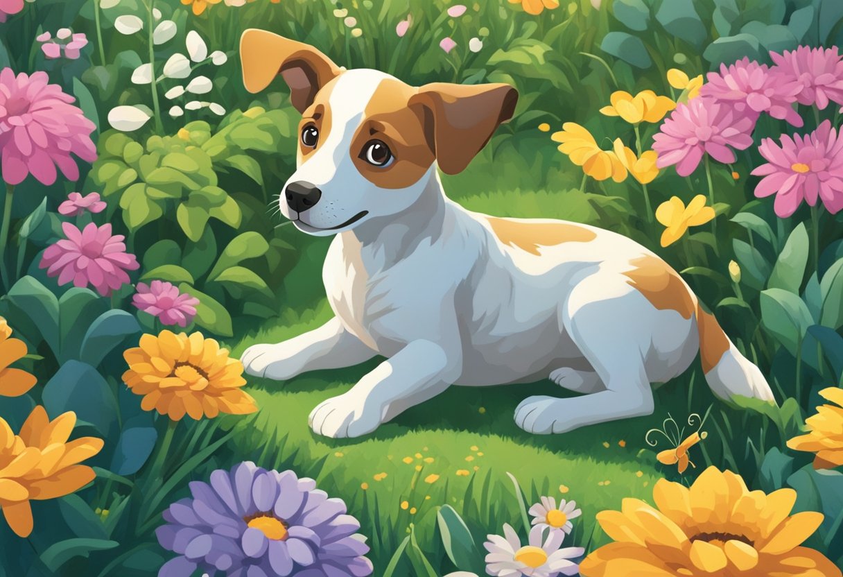 A playful puppy named Scout explores a colorful garden, chasing butterflies and sniffing flowers