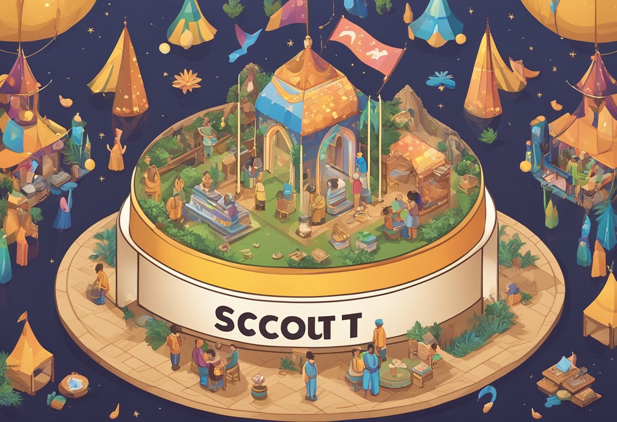 A baby name "Scout" displayed on a sign at a cultural event, surrounded by symbols representing diversity and unity