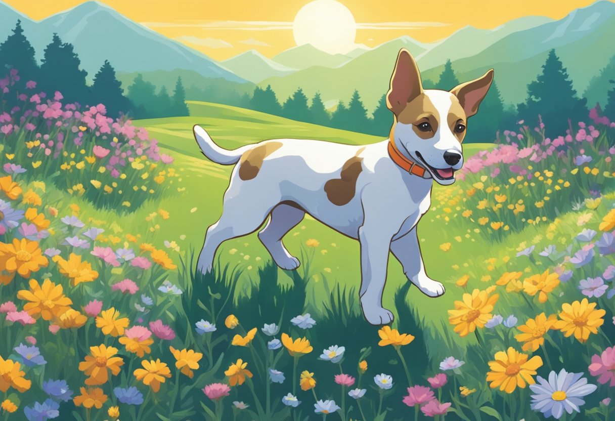 A playful puppy named Scout frolics through a field of wildflowers, with a colorful butterfly fluttering above