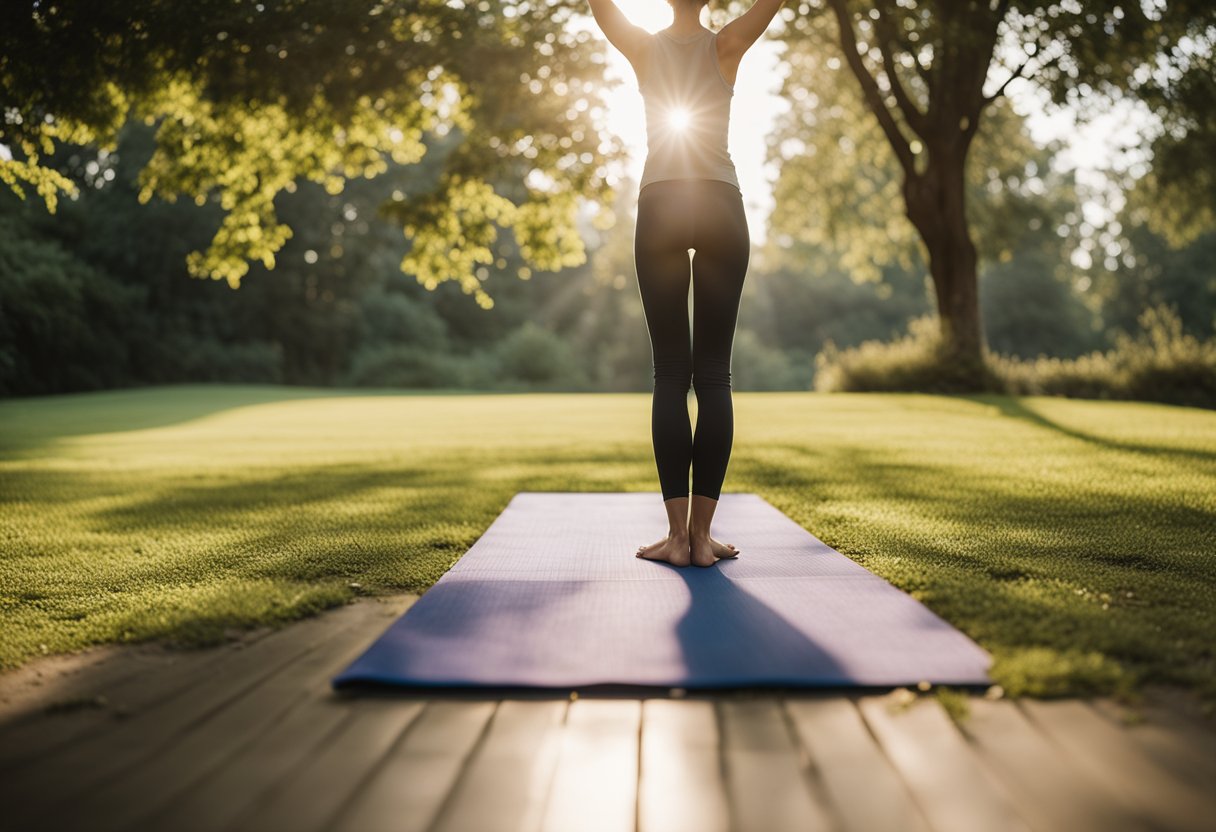 A person stands on a yoga mat, facing the sun. Their arms reach up, then fold forward towards the ground. They step back into a plank position, then move into downward-facing dog. Finally, they return to standing, arms reaching up once