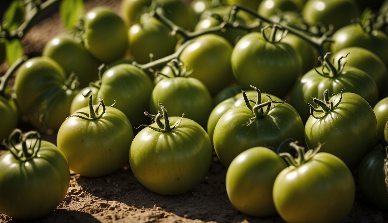 Green tomatoes piled high, surrounded by warm sunlight, ethylene gas, and proper airflow