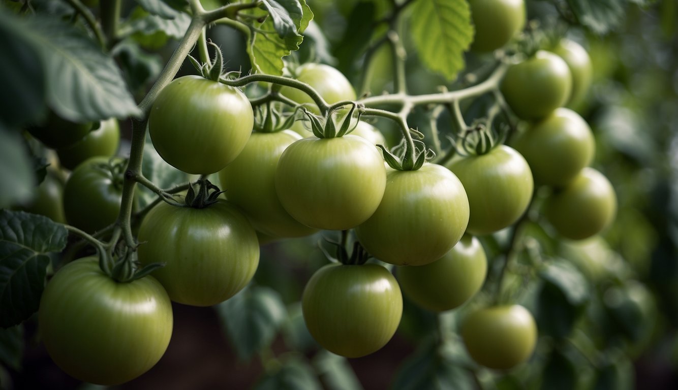 Several green tomatoes sit on a vine, surrounded by leaves. A few are starting to turn red, while others remain unripe