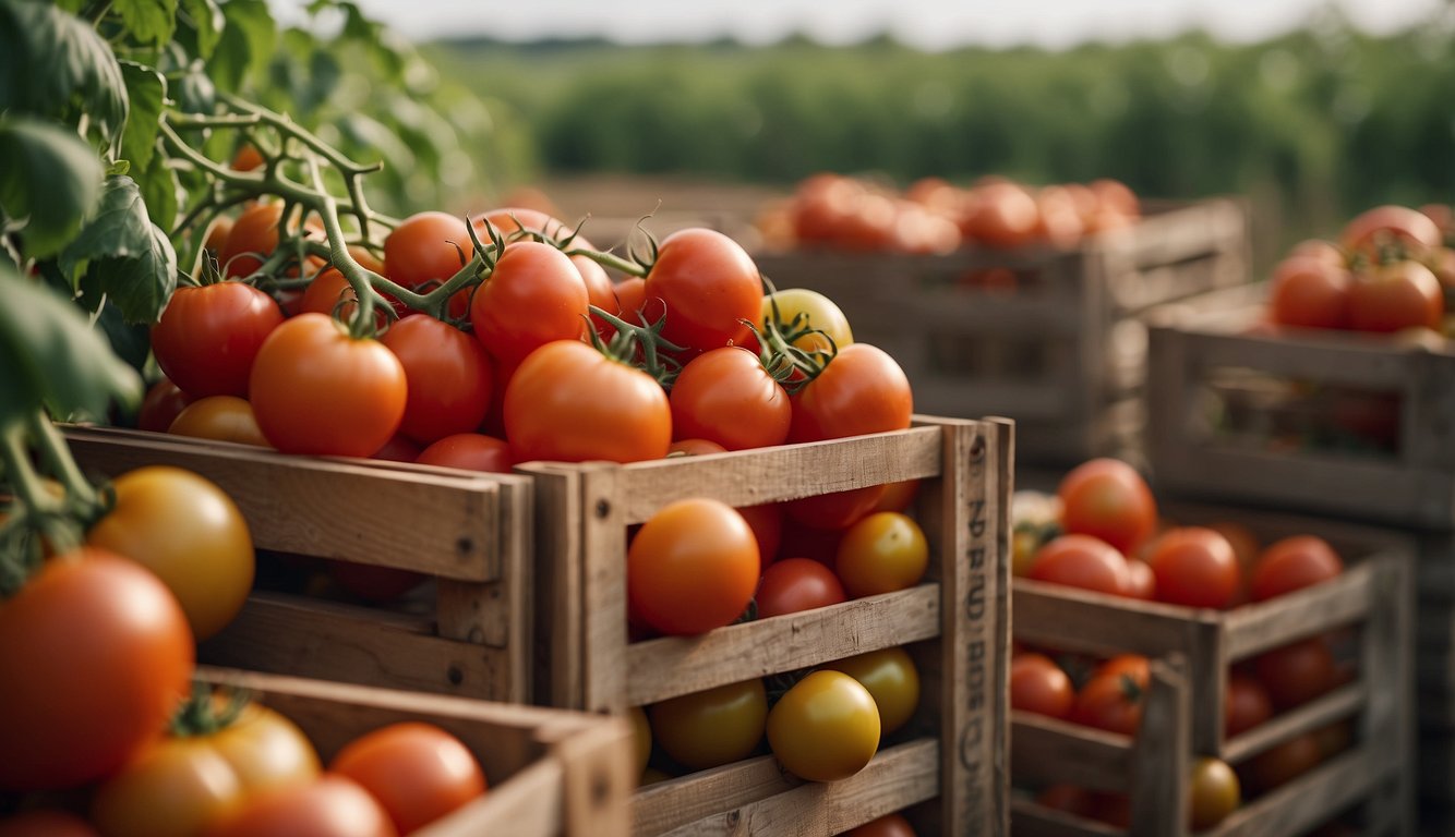 Tomatoes piled in crates, not yet ripe. Harvesters working in fields