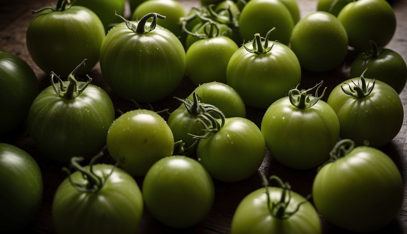 Many green tomatoes in various stages, some with a hint of red, scattered on a kitchen counter