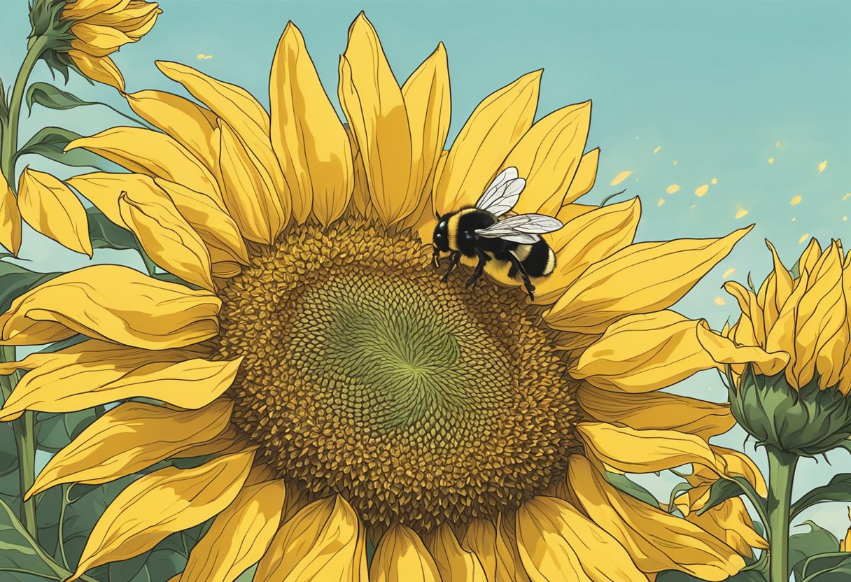 A bright yellow sunflower sways in the gentle breeze, its petals reaching towards the warm sunshine. A small bumblebee hovers nearby, drawn to the sweet nectar within