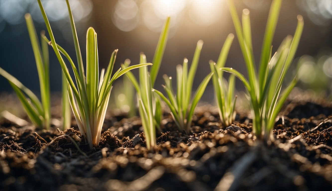 Lemongrass shoots emerge from the soil, surrounded by dormant plants. Sunlight filters through the winter landscape, highlighting the green, resilient growth