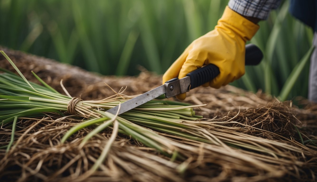 Lemongrass stalks being cut and bundled, with gardening tools nearby
