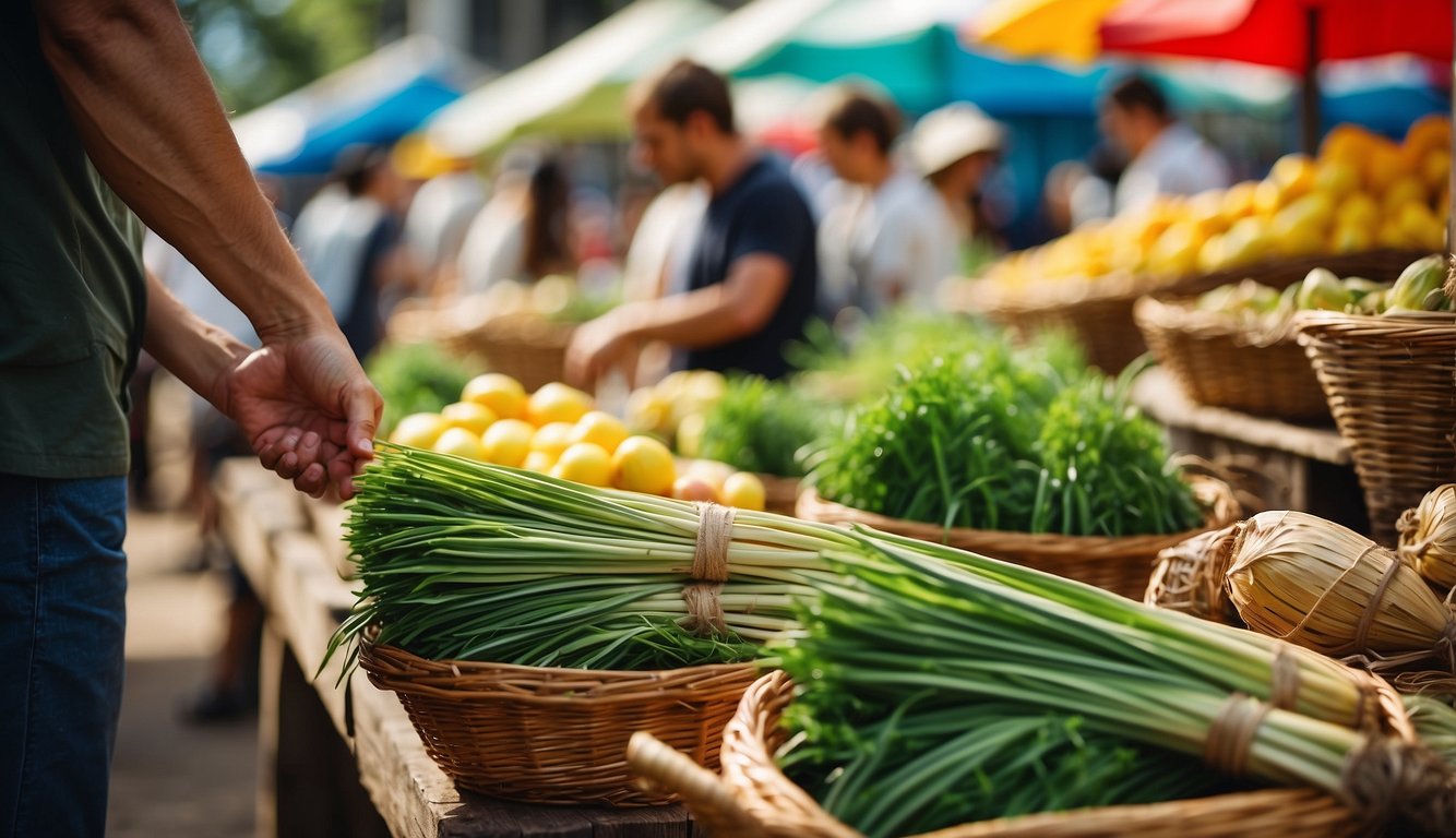 A person selecting lemongrass at a vibrant outdoor market