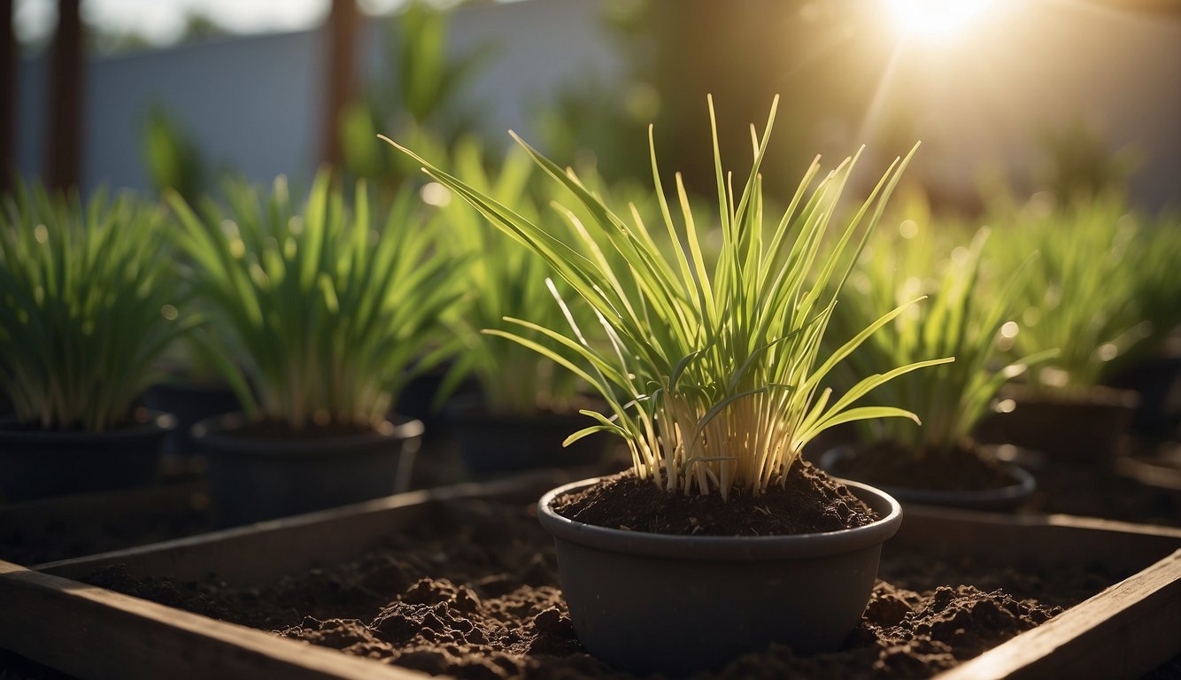 Lemongrass plant growing in a pot, surrounded by soil and sunlight