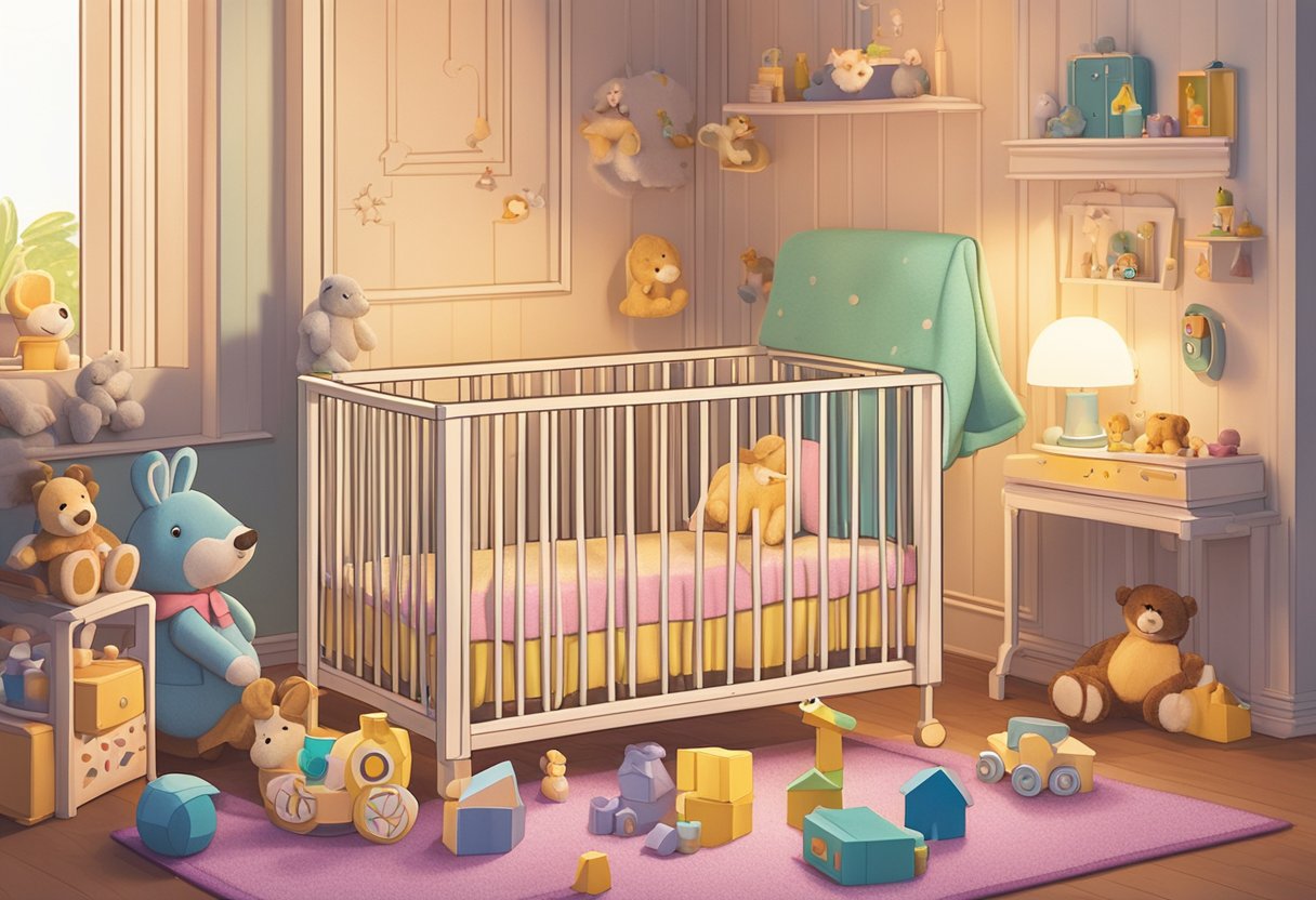 Sophie's name written in colorful block letters surrounded by toys and a cozy crib