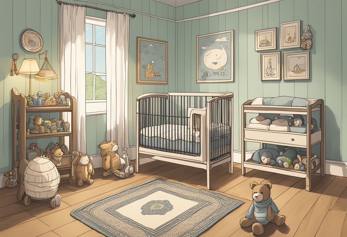 A small crib with the name "Solomon" painted on it, surrounded by toys and a cozy blanket