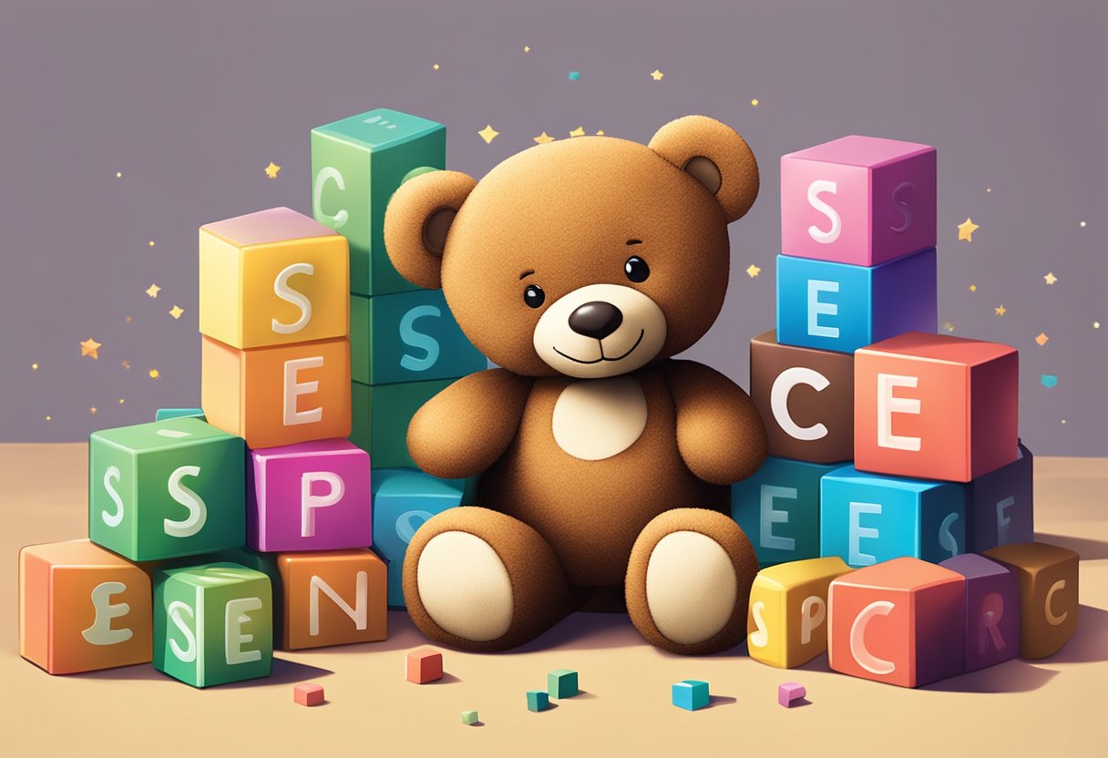 A smiling teddy bear sits next to a stack of colorful blocks with the name "Spencer" spelled out in big letters