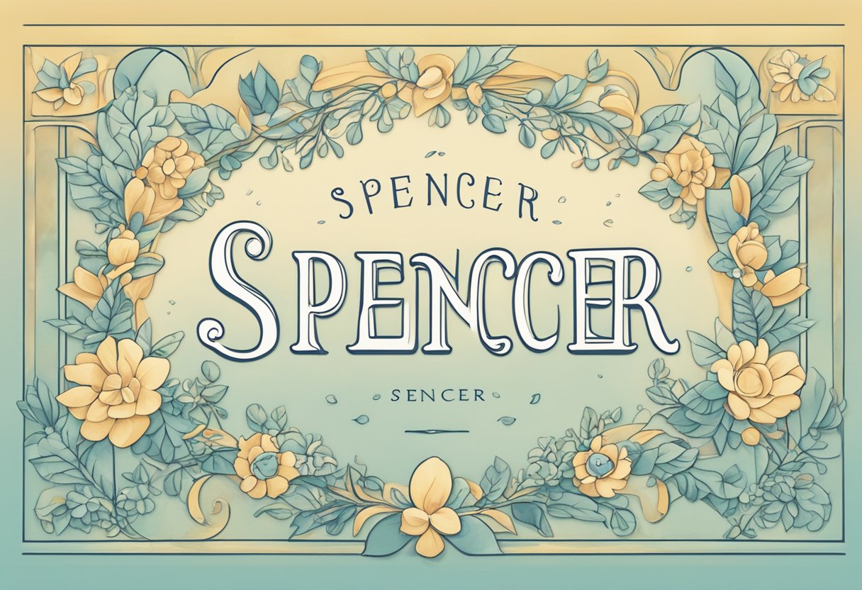 A baby's name "Spencer" is written in bold, elegant script, surrounded by symbols of strength and wisdom. The name stands out against a background of soft, calming colors, evoking a sense of importance and significance