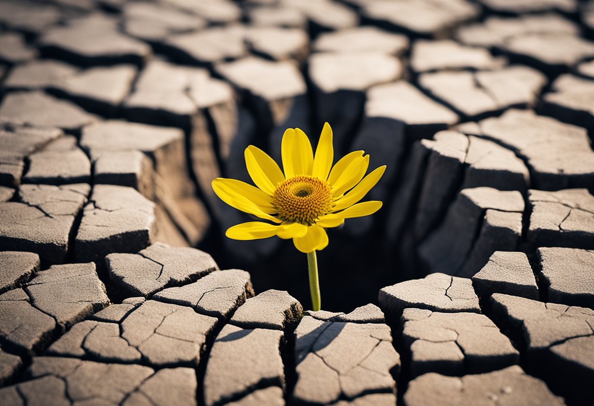 A blooming flower emerging from cracked earth symbolizes personal growth and renewal