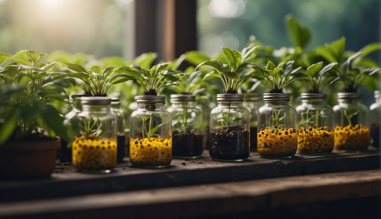 Pepper plants infested with insects, surrounded by bottles of organic and chemical solutions