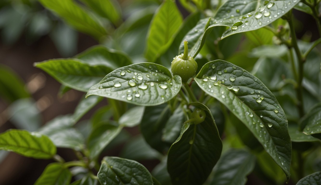 Pepper plants infested with aphids, whiteflies, and thrips. Leaves show signs of discoloration, curling, and wilting. Illustrate insects and plant damage