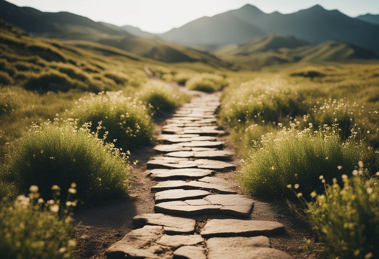 A path leading through scarred landscape, symbolizing transformation and spiritual healing. 🌿🌱🌼