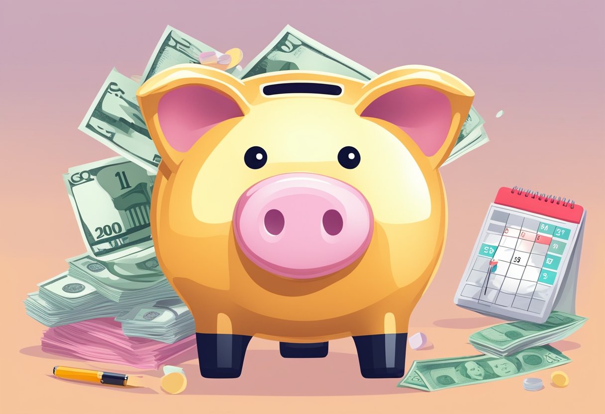 A piggy bank filled with money, a budget planner with savings goals, and a calendar marked with financial milestones